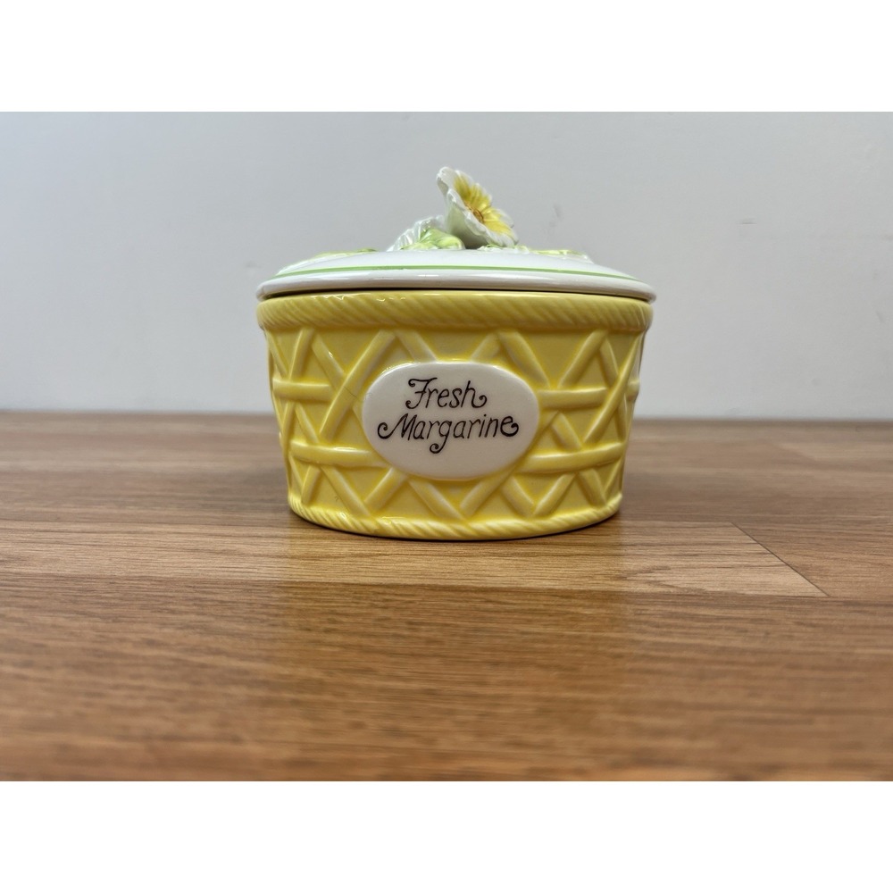 Vintage Fresh‎ Margarine Ceramic Lidded Bowl Yellow Floral Basket MCM